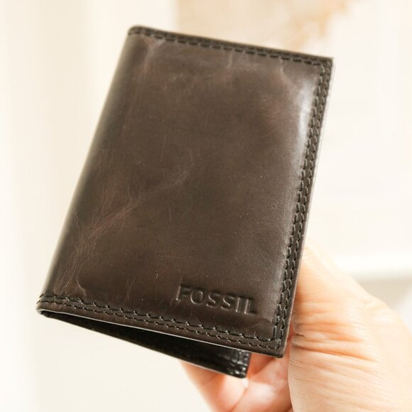 FOSSIL Dark Brown Leather Folding Card Case Wallet - Picture 2 of 6